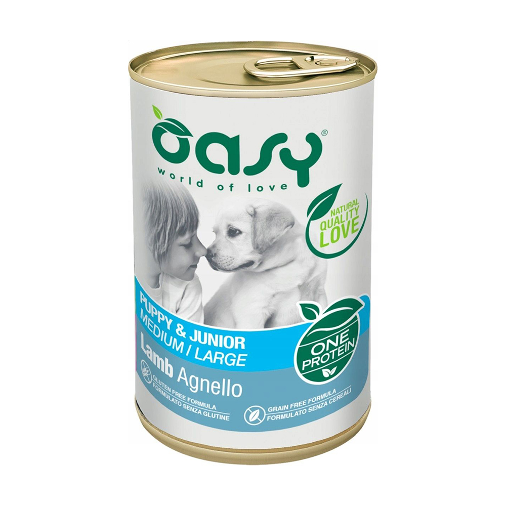 Вологий корм для цуценят середніх та великих порід собак Oasy One Animal Protein Puppy &amp; Junior Medium/Large з ягням, 400 г